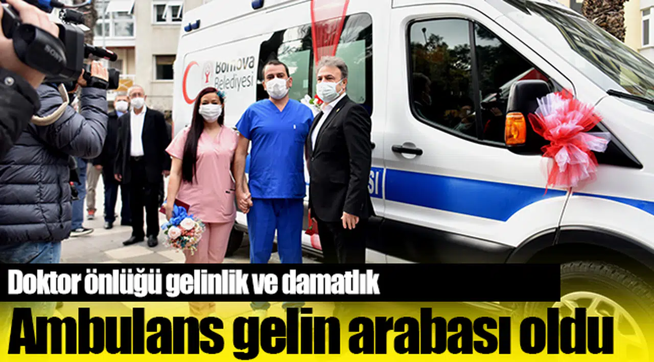 Doktor önlüğü gelinlik ve damatlık, ambulans gelin arabası oldu