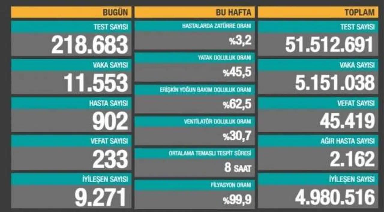 Bakanlık açıklaması: 233 ölüm, 11 bin 553 yeni vaka