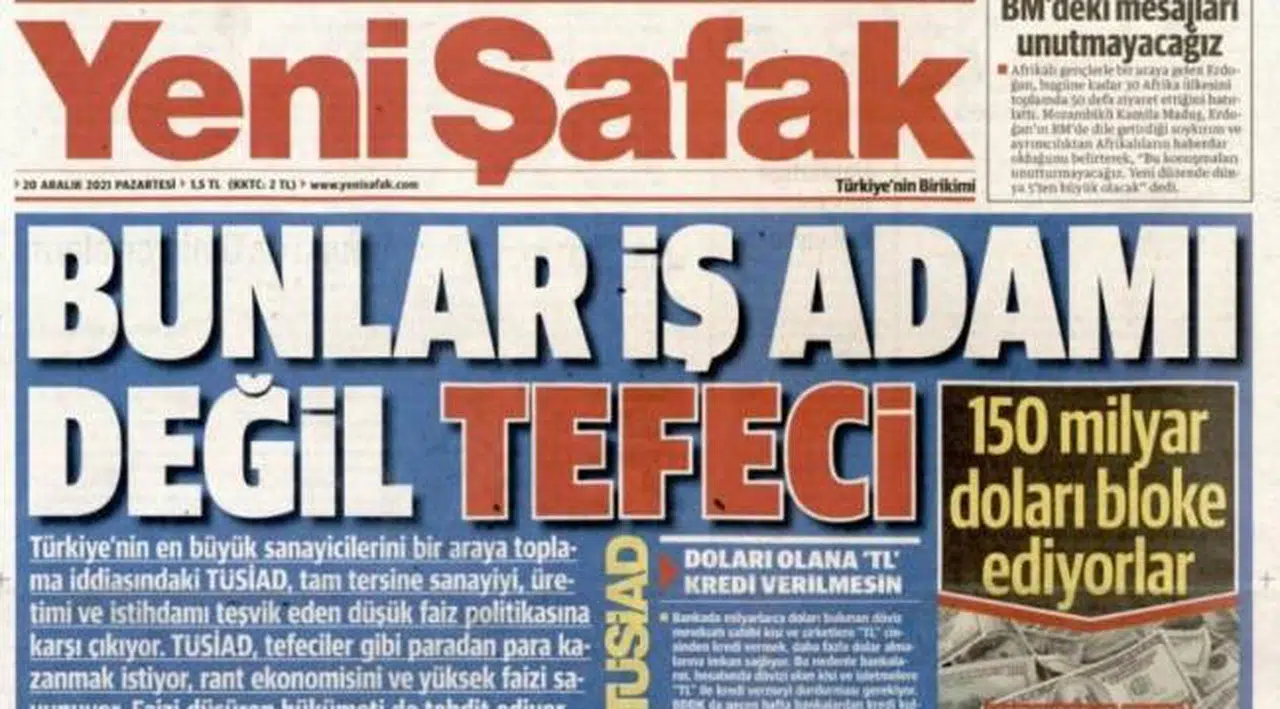 Yeni Şafak'tan TÜSİAD manşeti: Bunlar tefeci