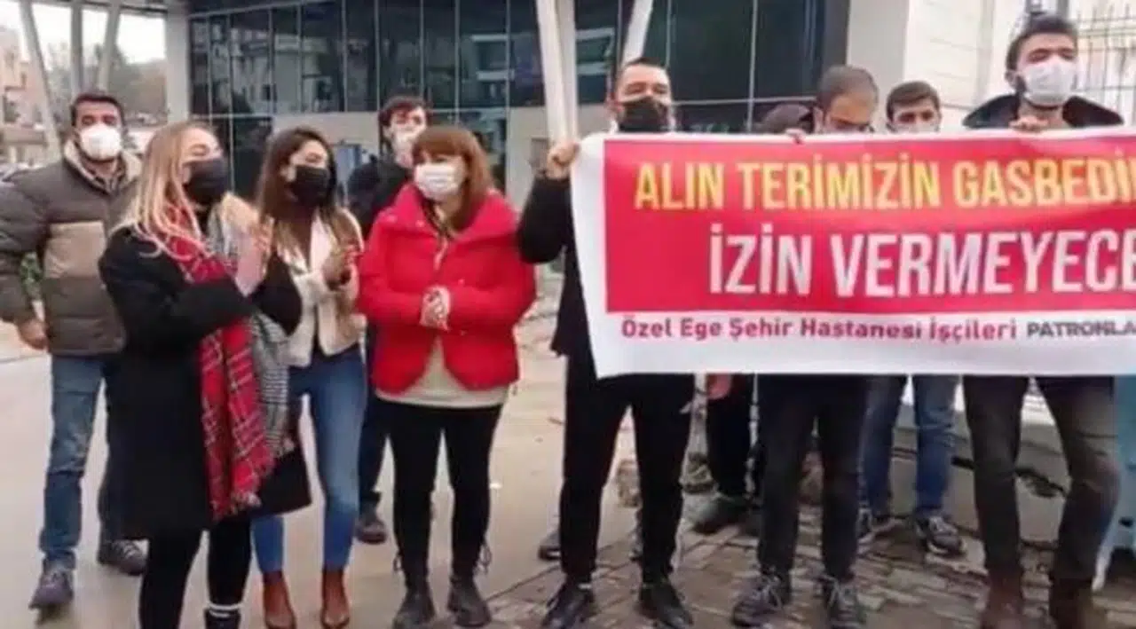 Maaşları ödenmeyen Ege Şehir Hastanesi işçilerinden eylem