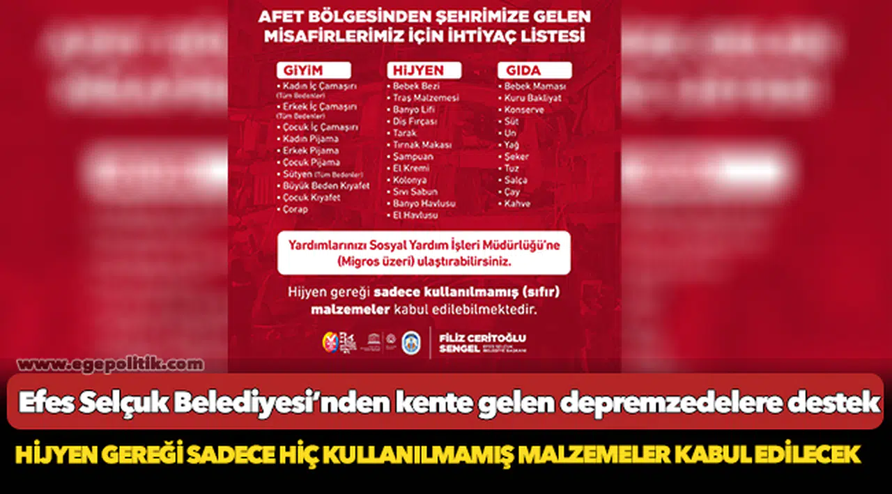 Efes Selçuk Belediyesi’nden kente gelen depremzedelere destek