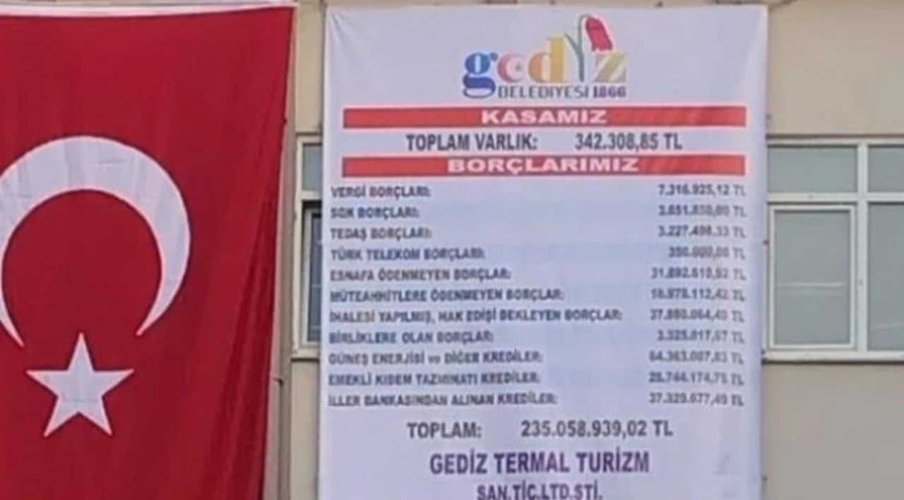 AK Parti'den MHP'ye geçen Gediz Belediyesi'nin borçları belediye binasına asıldı
