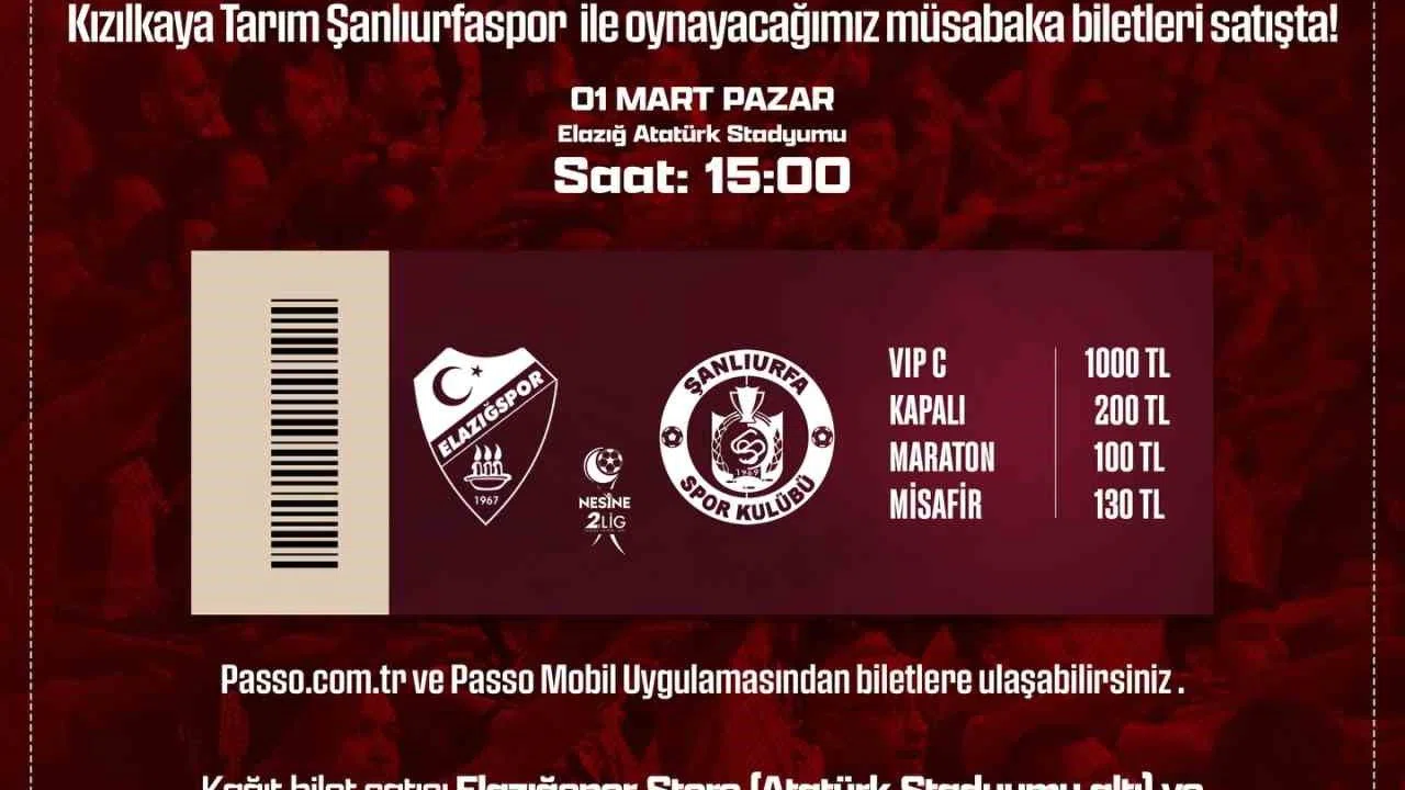 Elazığspor - Şanlıurfaspor maç biletleri satışta