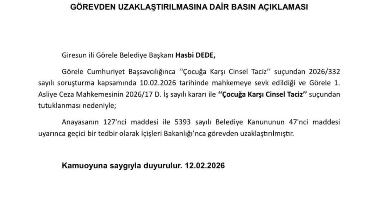 Görele Belediye Başkanı Dede, İçişleri Bakanlığınca görevden uzaklaştırıldı