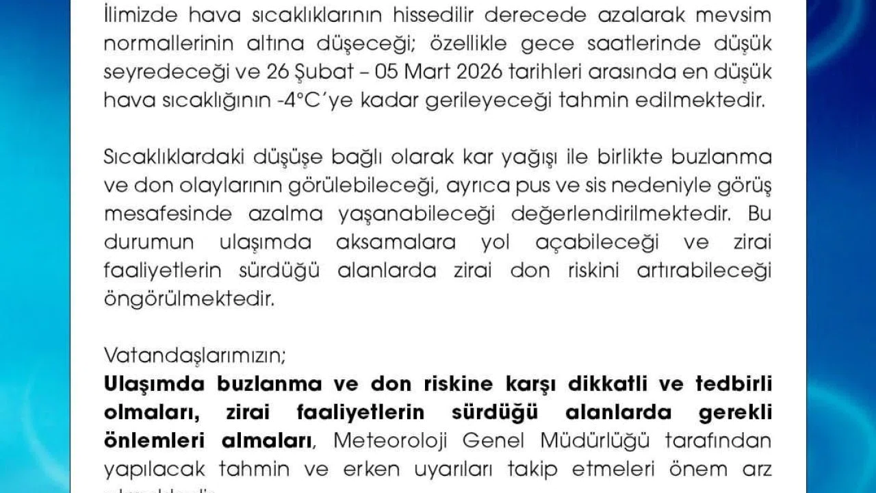 Niğde’de meteorolojik uyarı: Don ve buzlanmaya dikkat