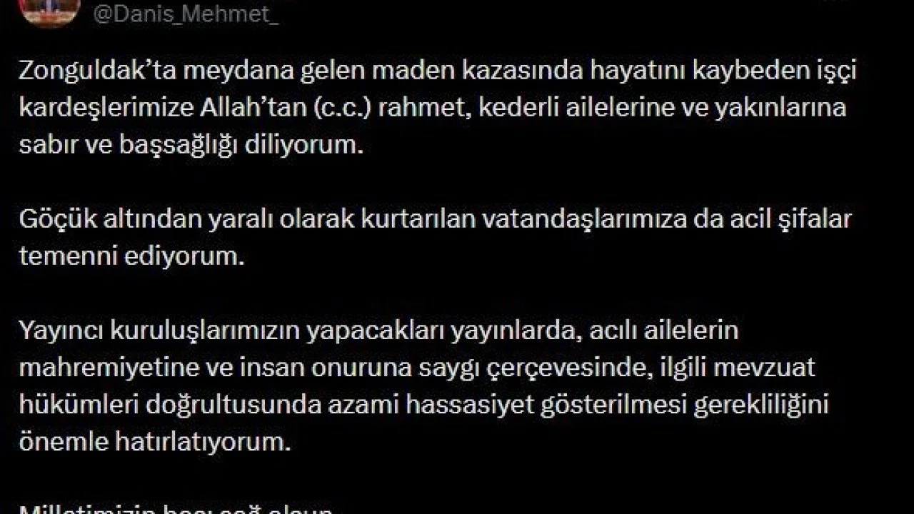 RTÜK Başkanı Daniş’ten Zonguldak’ta meydana gelen maden kazası için yayıncı kuruluşlara uyarı
