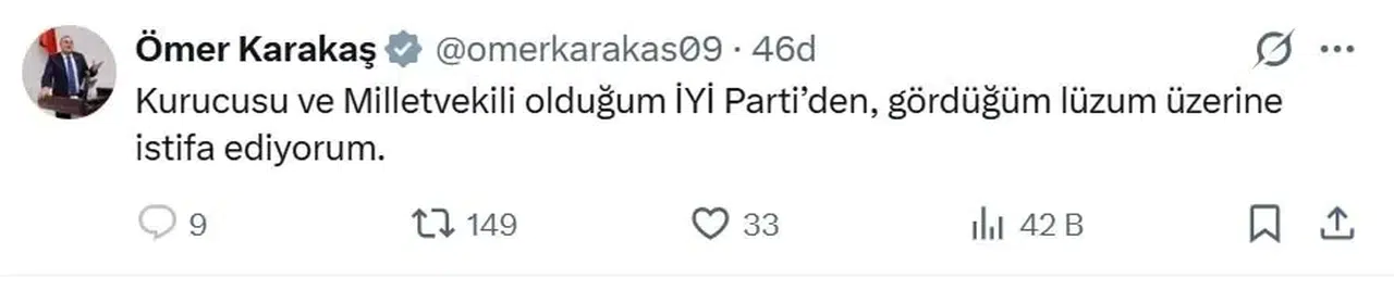 İYİ Parti’de sürpriz ayrılık: Ömer Karakaş milletvekilliği görevinden istifa ettiğini açıkladı