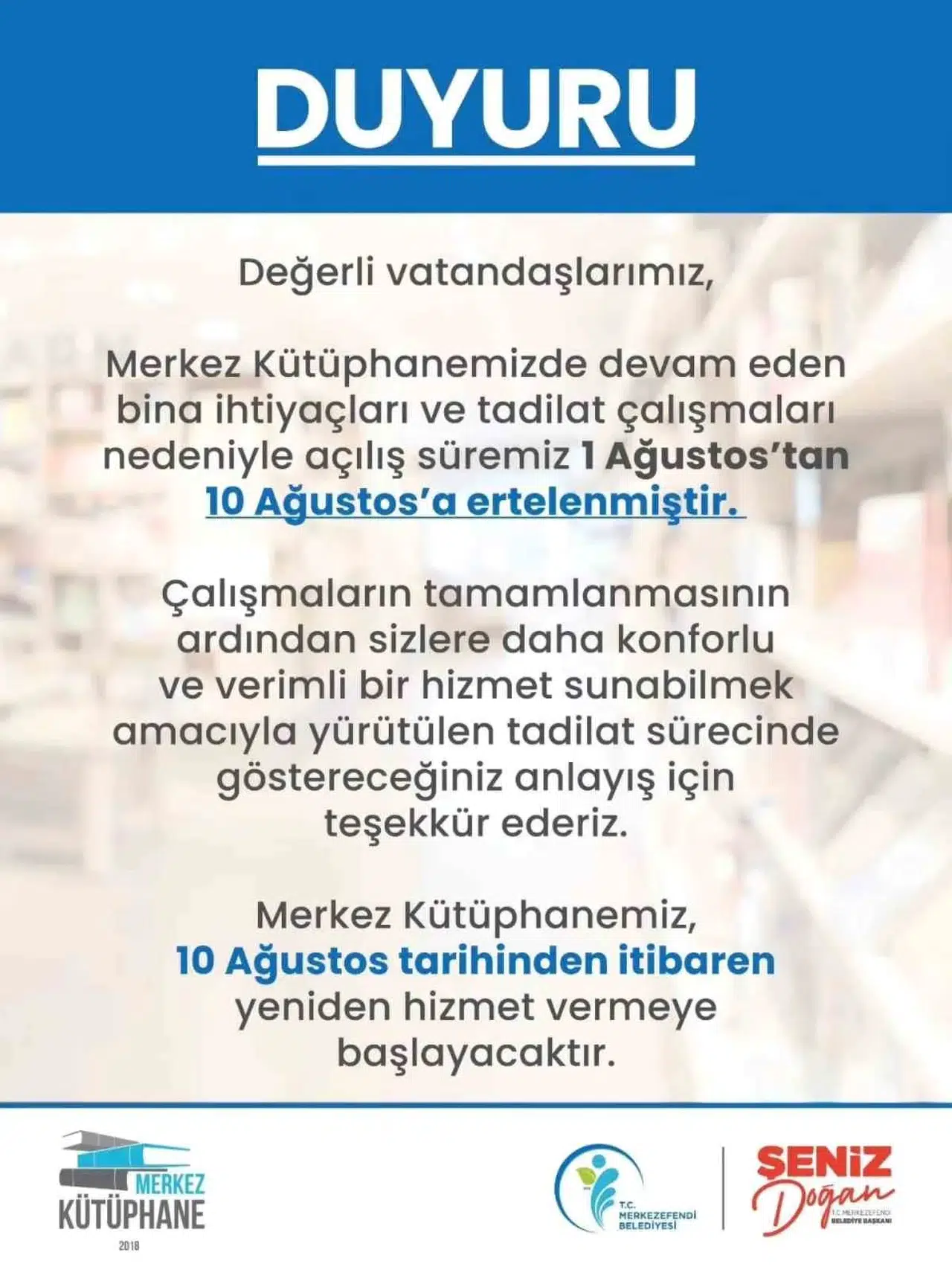 Merkezefendi’de kütüphane mesaisi uzadı: Açılış tarihi revize edildi