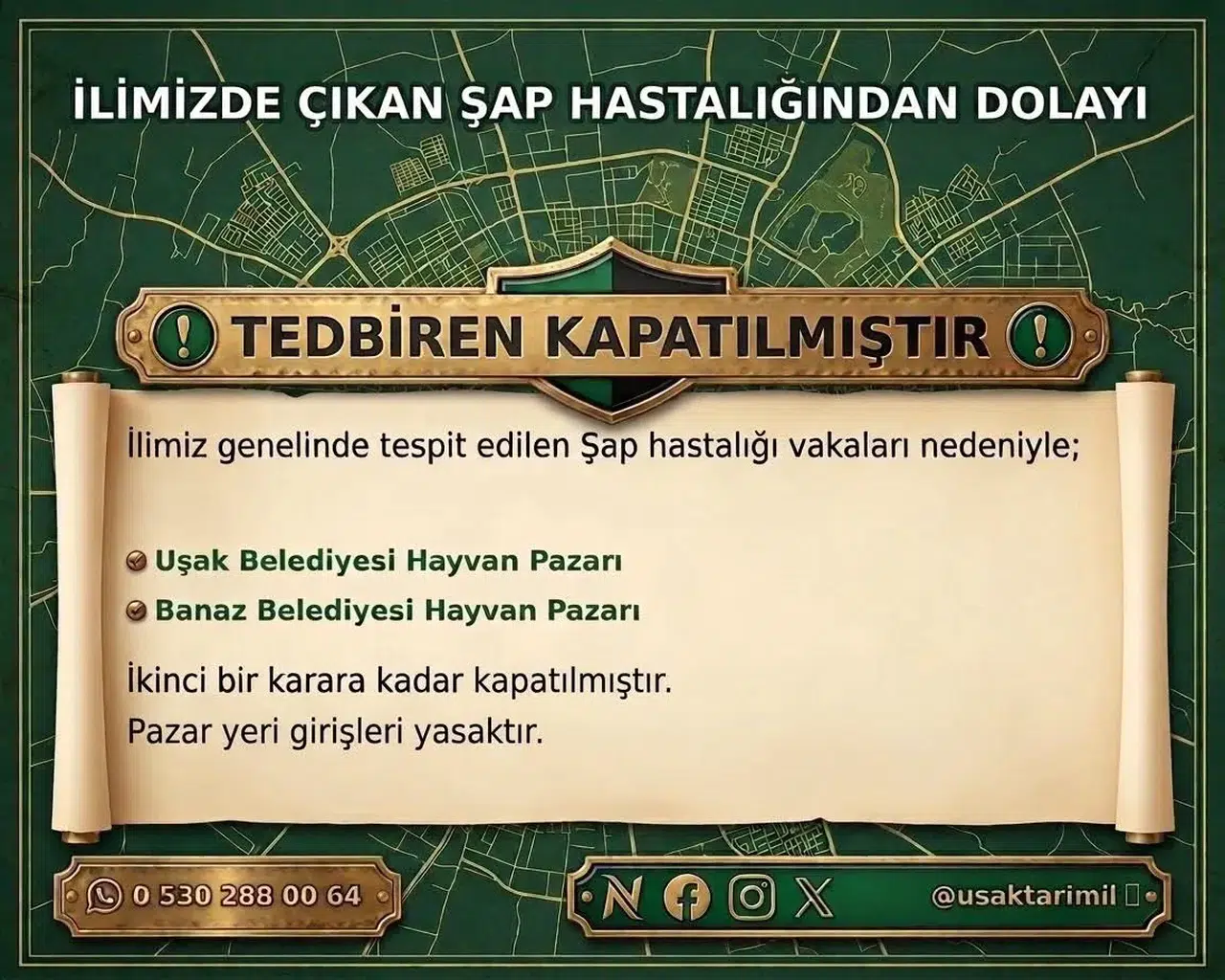 Uşak’ta hayvancılık sektöründe şap önlemi: İki büyük pazar faaliyetlerini durdurdu