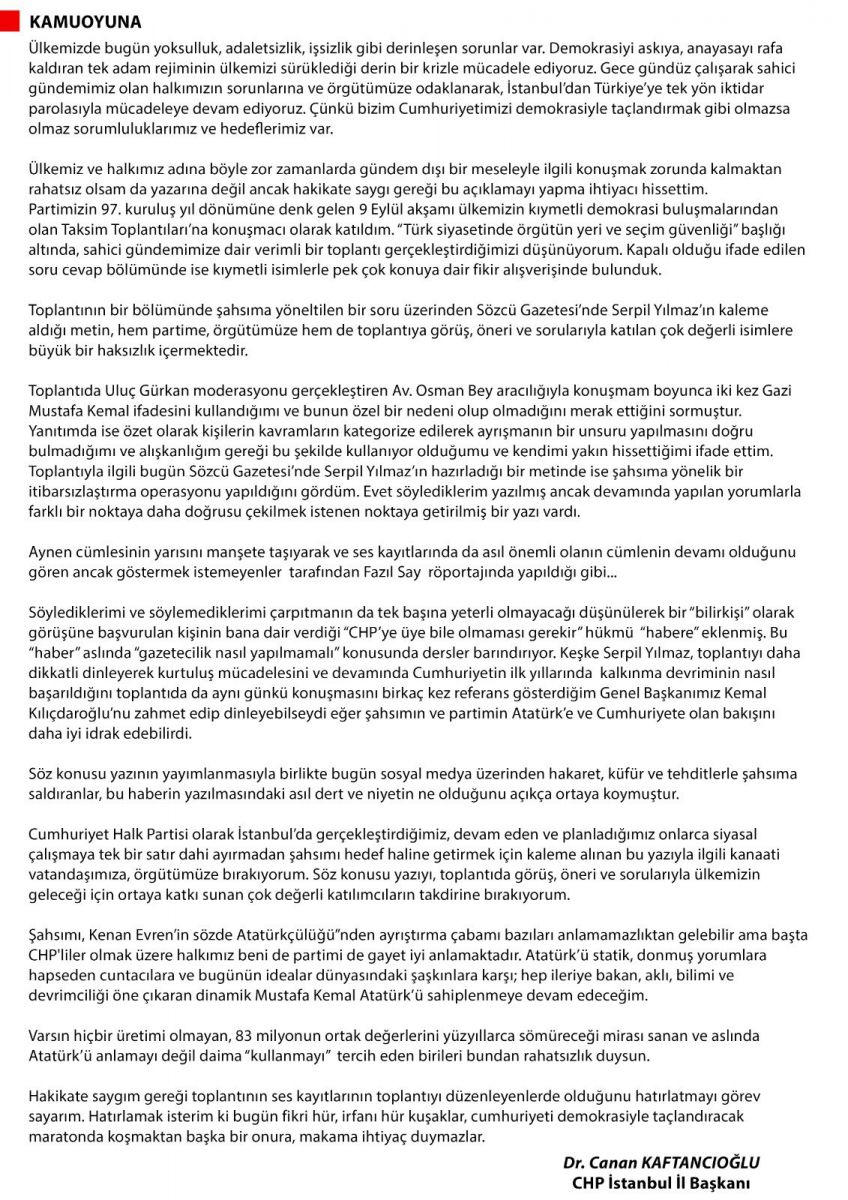 Kaftancıoğlu: Atatürk' ü anlamayı değil "kullanmayı" tercih edenler rahatsızlık duysun