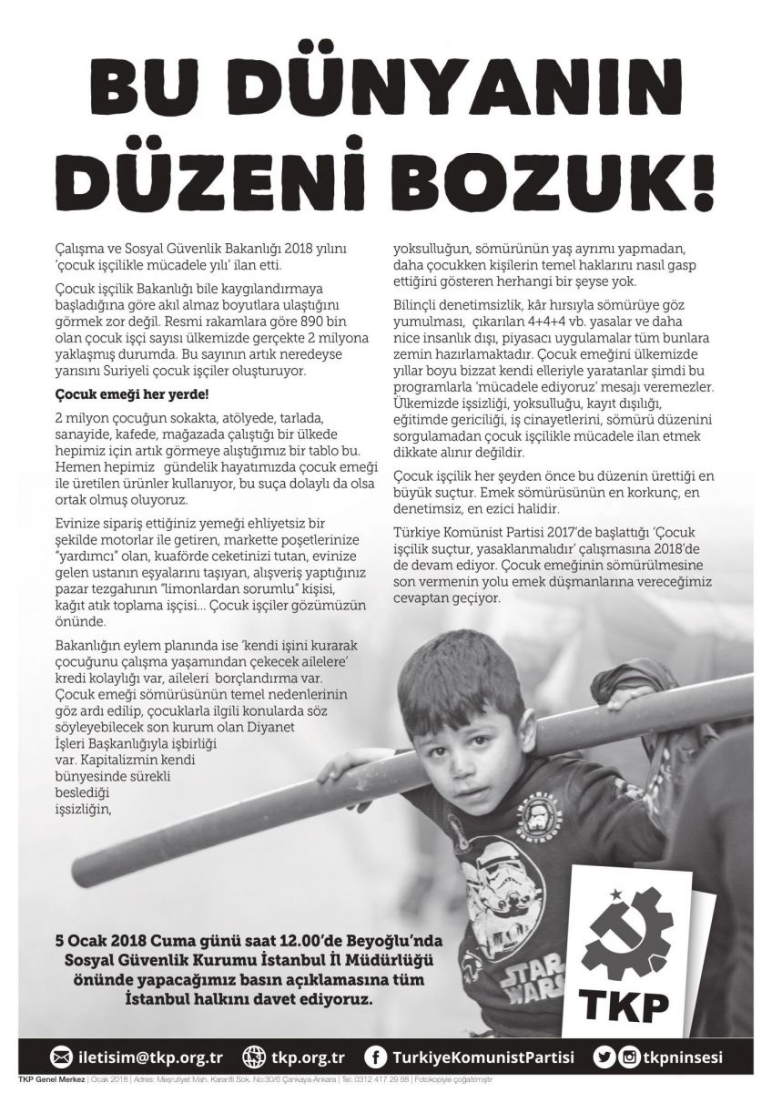 TKP' den Çocuk İşçilikle Mücadele Bildirisi