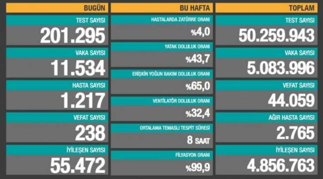 Bakanlık açıklaması: 238 ölüm, 11 bin 534 yeni vaka