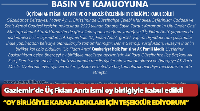 Üç Fidan Anıtı İsmi Ak Parti Ve Chp Meclis Üyelerinin Oy Birliğiyle Kabul Edildi