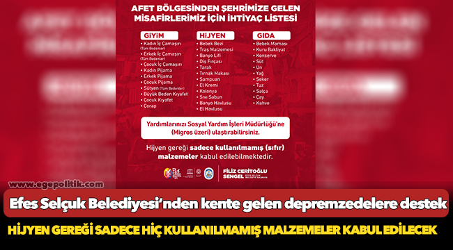 Efes Selçuk Belediyesi’nden kente gelen depremzedelere destek