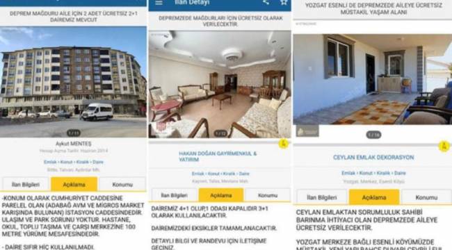 Kiralık evler depremzedeler için ücretsiz ilana dönüştü
