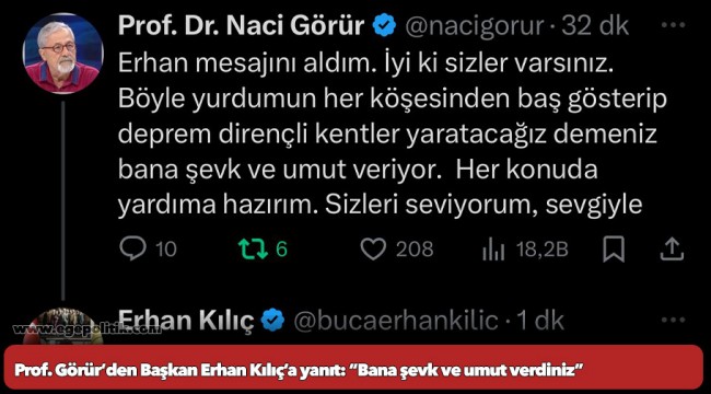Prof. Görür’den Başkan Erhan Kılıç’a yanıt: “Bana şevk ve umut verdiniz”