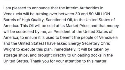 ABD Başkanı Trump: "Venezuela, 30 ila 50 milyon varil arasında petrolü ABD’ye devredecek"