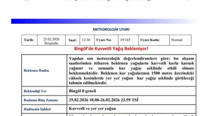 Bingöl için ‘Kuvvetli Yağış’ uyarısı