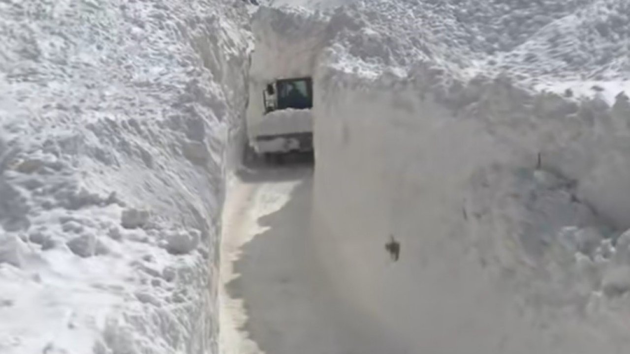 Çığ nedeniyle kapanan köy yolunda zorlu karla mücadele çalışması