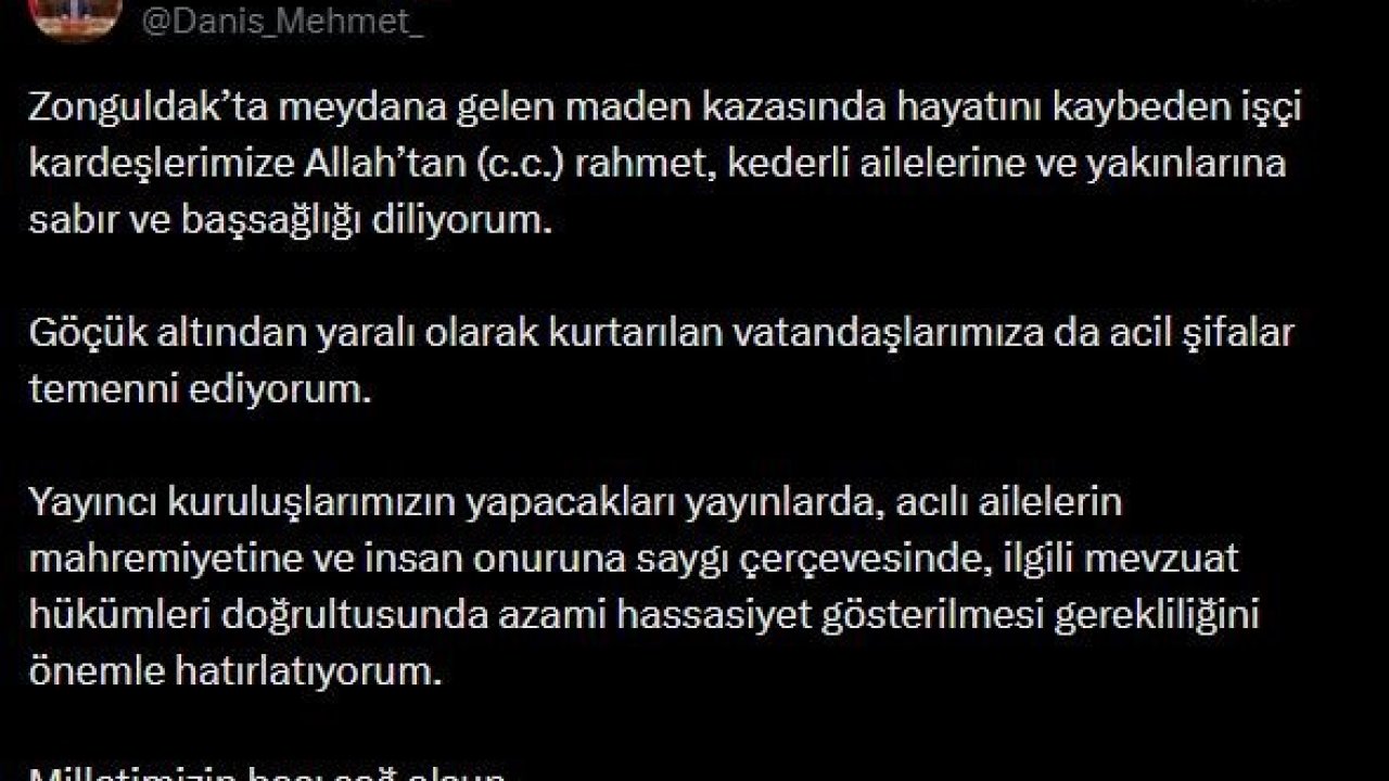 RTÜK Başkanı Daniş’ten Zonguldak’ta meydana gelen maden kazası için yayıncı kuruluşlara uyarı