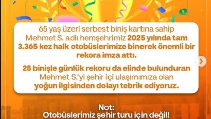 Yılda 3 bin 365 kullanımla, halk otobüsü kullanma rekoru kırdı