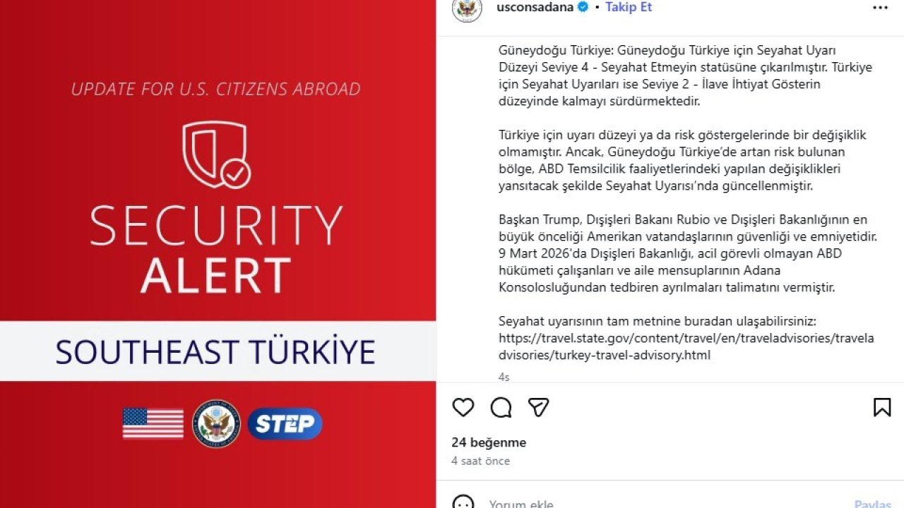 ABD, Adana Konsolosluğu’ndaki zorunlu olmayan personeli tahliye ediyor