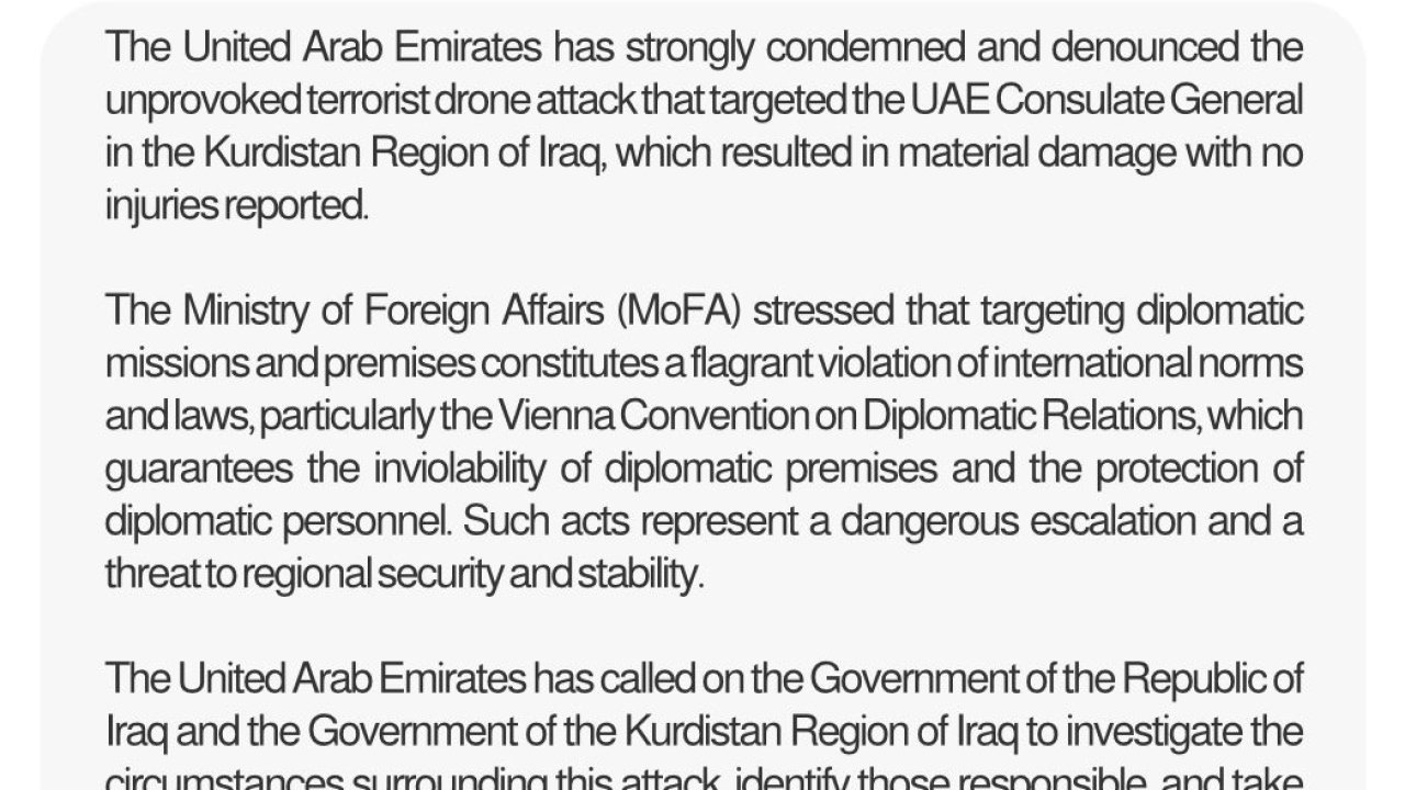 BAE, Irak Kürt Bölgesel Yönetimi’ndeki başkonsolosluğuna İHA saldırısı yapıldığını açıkladı: "Kınıyoruz"