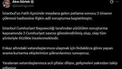 Bakan Gürlek: "2 binanın çökmesi hadisesine ilişkin adli soruşturma başlatılmıştır"