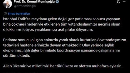 Bakan Memişoğlu: "Patlama sonucu oluşan enkazda yaralı olarak kurtarılan 8 vatandaşımızın tedavileri hastanelerimizde devam etmektedir"