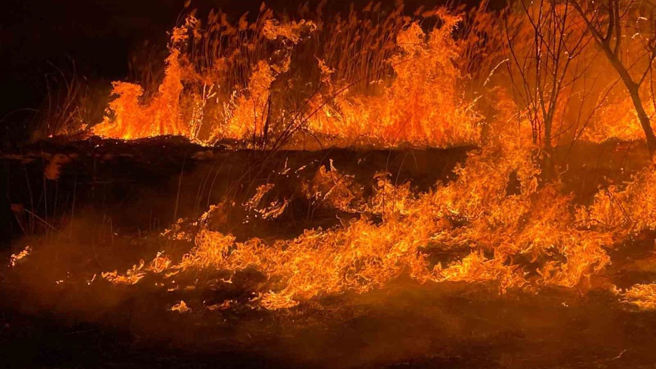 Burdur’da sazlık alanda yangın geceyi aydınlattı