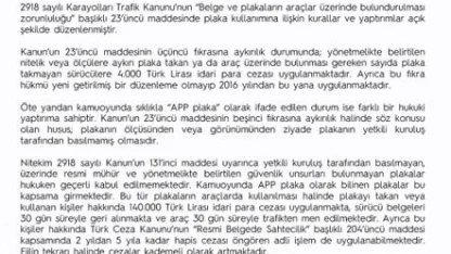 EGM’den "‘APP plaka" açıklaması: Resmi mühür ve güvenlik unsurları bulunmayan plakaları kullananlara 140 bin lira ceza uygulanacak