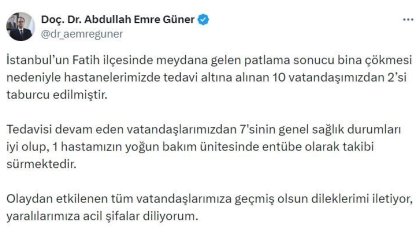 İstanbul İl Sağlık Müdürü Doç. Dr. Abdullah Emre Güner: "Tedavi altına alınan 10 vatandaşımızdan 2’si taburcu edilmiştir"