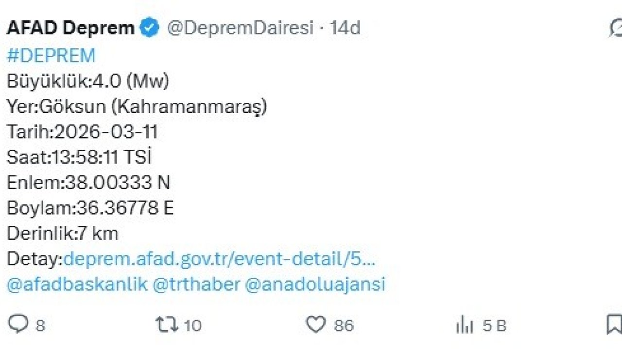 Kahramanmaraş’ta 4 büyüklüğünde deprem