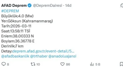 Kahramanmaraş’ta 4 büyüklüğünde deprem