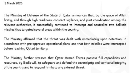 Katar Savunma Bakanlığı: "2 balistik füze daha engellendi"