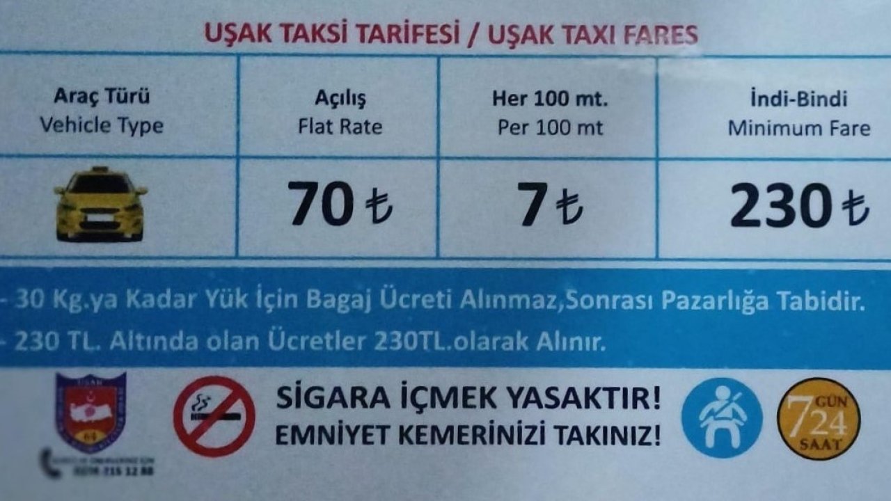 Uşak’ta taksi indi-bindi ücreti 230 TL oldu