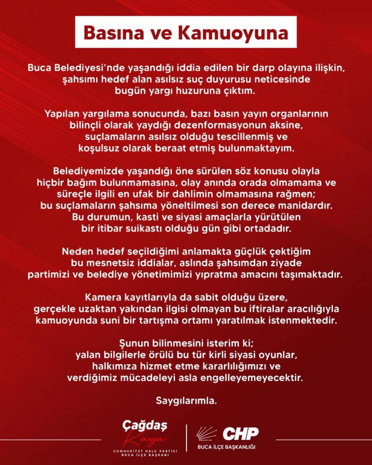 CHP Buca İlçe Başkanı Kaya beraat etti