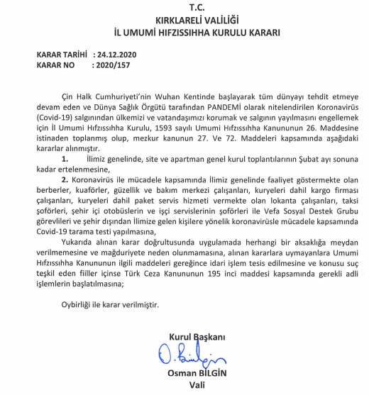 Kırklareli'nde flaş karar!