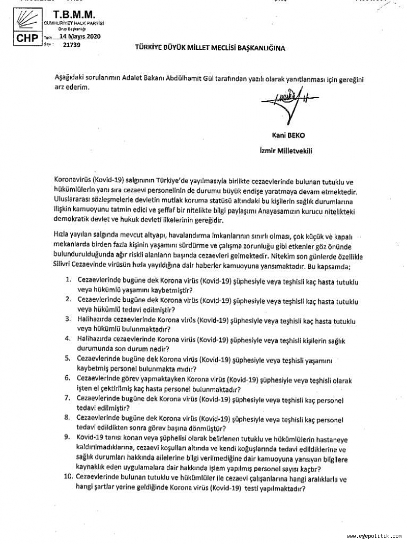 CHP'Lİ BEKO; “KORONA VİRÜS SALGINI CEZAEVLERİNDE DE HIZLA YAYILMAKTADIR” 1
