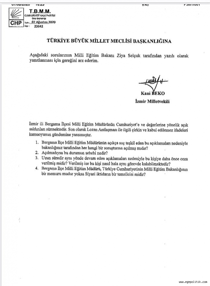 CHP’li Beko, o ilçe milli eğitim müdürünü Bakan Selçuk’a sordu 1