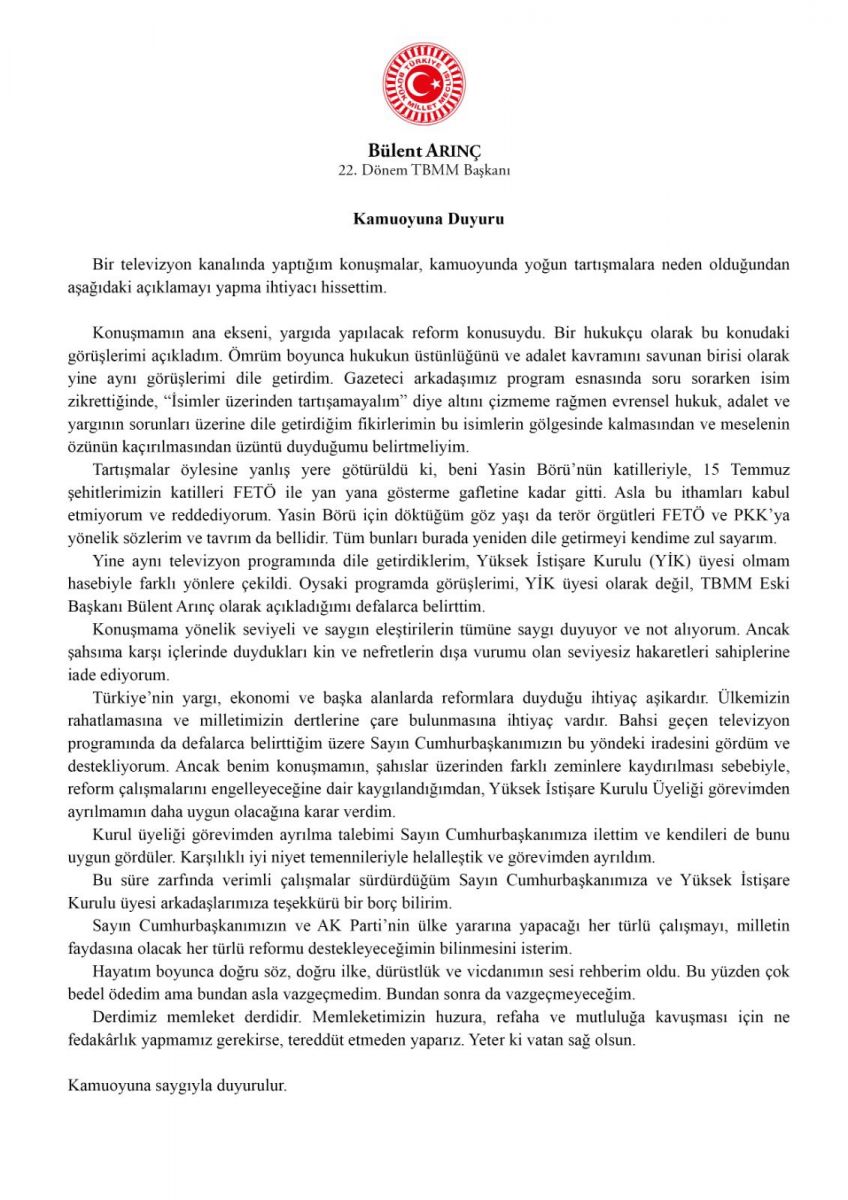 Ve Arınç istifa etti