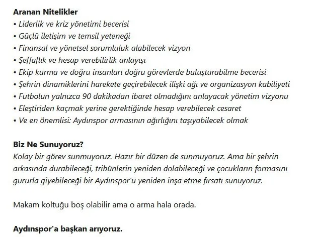 Efsane Günlerin Ardından Sessizlik: Aydınspor’da Başkanlık Koltuğu İlanla Aranıyor